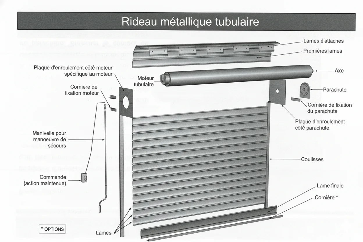 Toutes les pièces d'un rideau métallique tubulaire