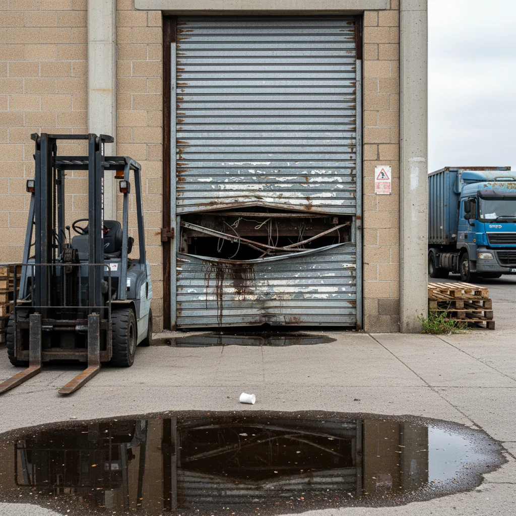 Une porte industrielle physiquement endommagée