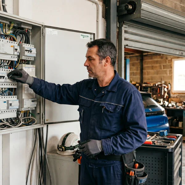 Le technicien METAL 2000 coupe le courant avant de changer axe motorisé rideau métallique