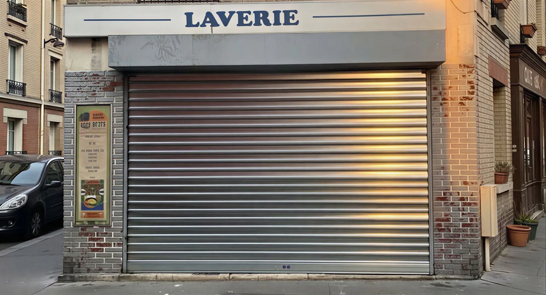 Remplacement rideau métallique motorisé à tablier panaché pour Laverie rue de Tanger à Paris 19